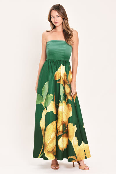 GOLDEN ROSE GLOW - STRAPLESS FLORAL PRINT MAXI DRESS - FINAL SALE