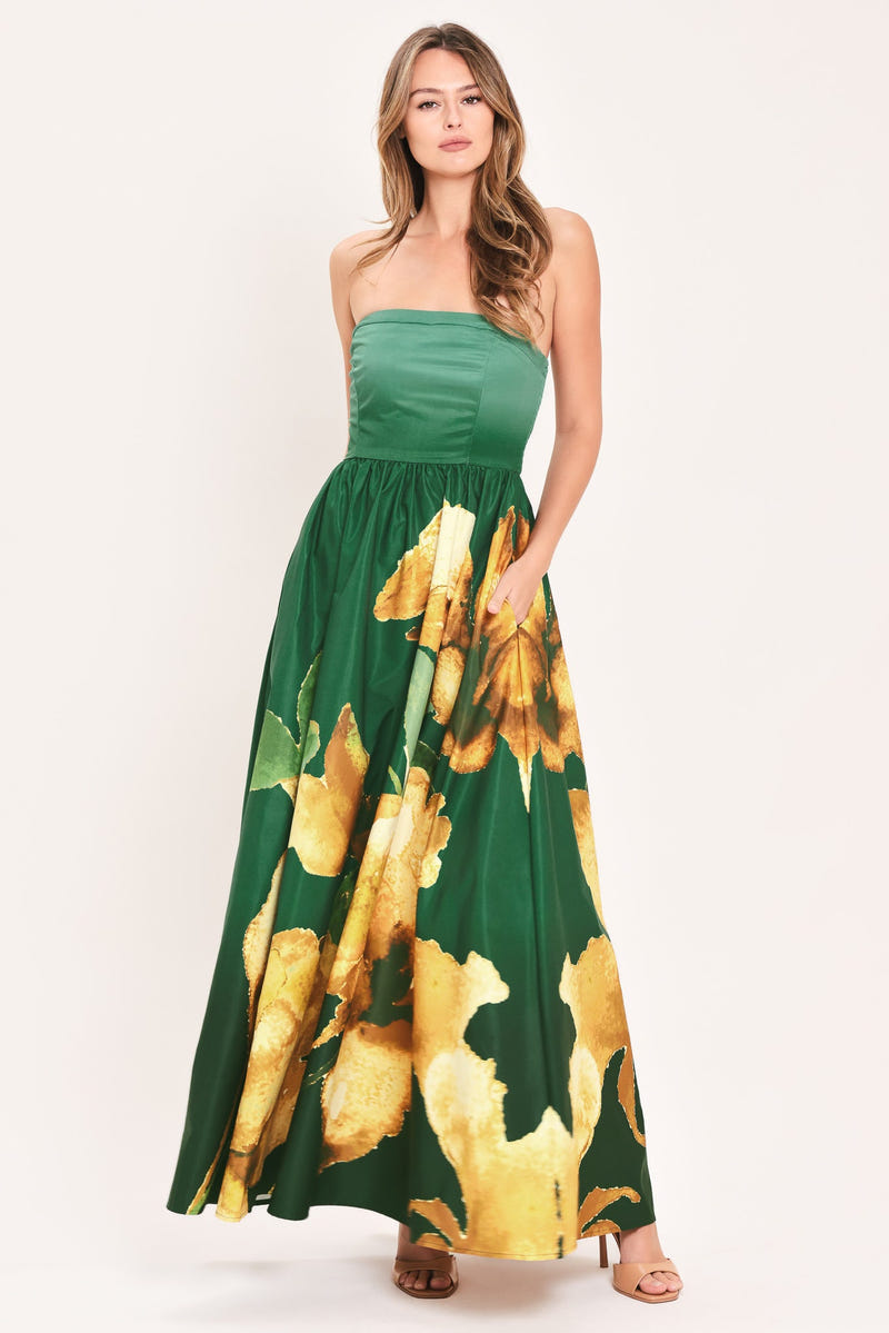 GOLDEN ROSE GLOW - STRAPLESS FLORAL PRINT MAXI DRESS