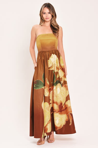 GOLDEN ROSE GLOW - STRAPLESS FLORAL PRINT MAXI DRESS