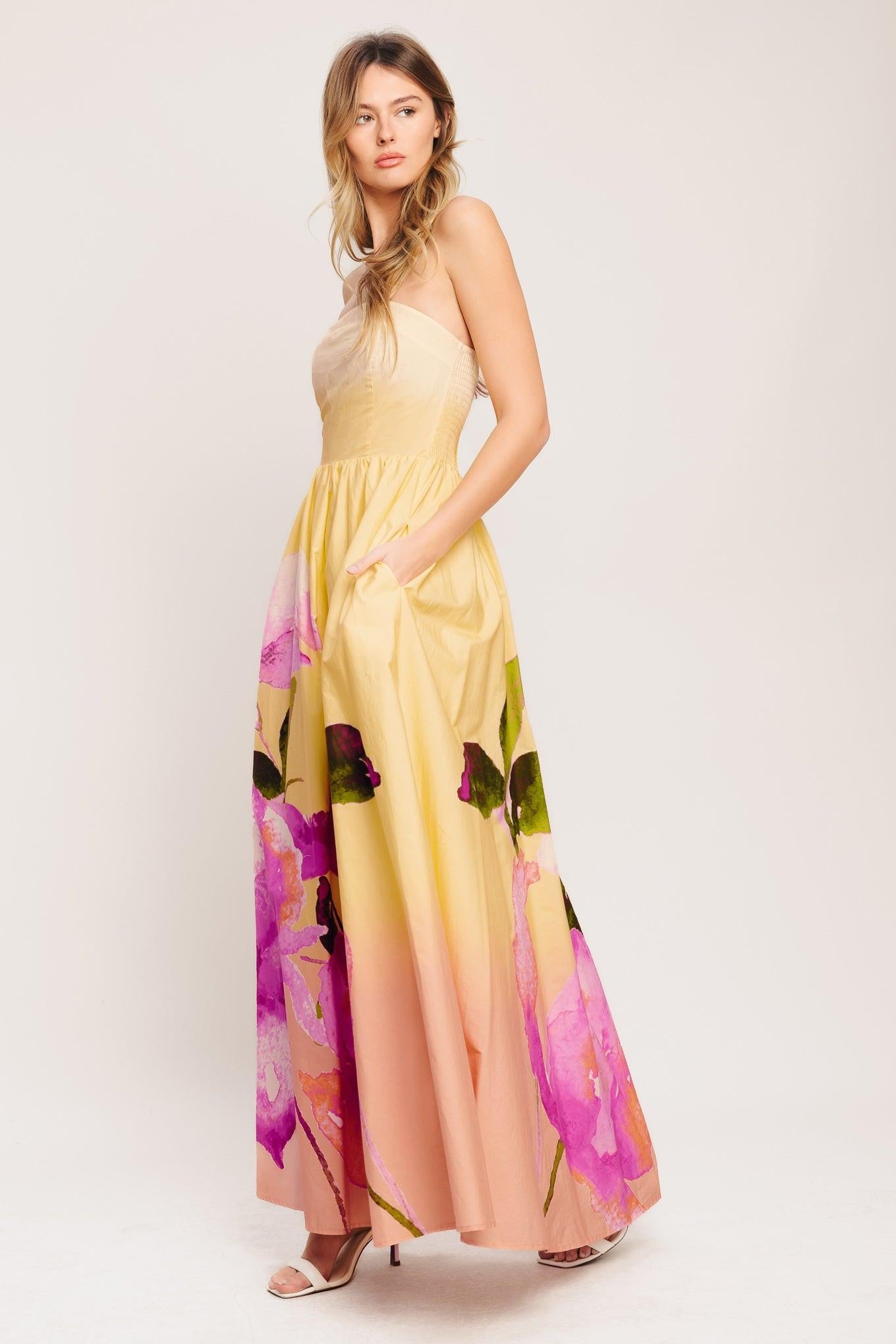 light yellow floral maxi dress Lady Black Tie - Dreamy Ombre Light Yellow Maxi Dress