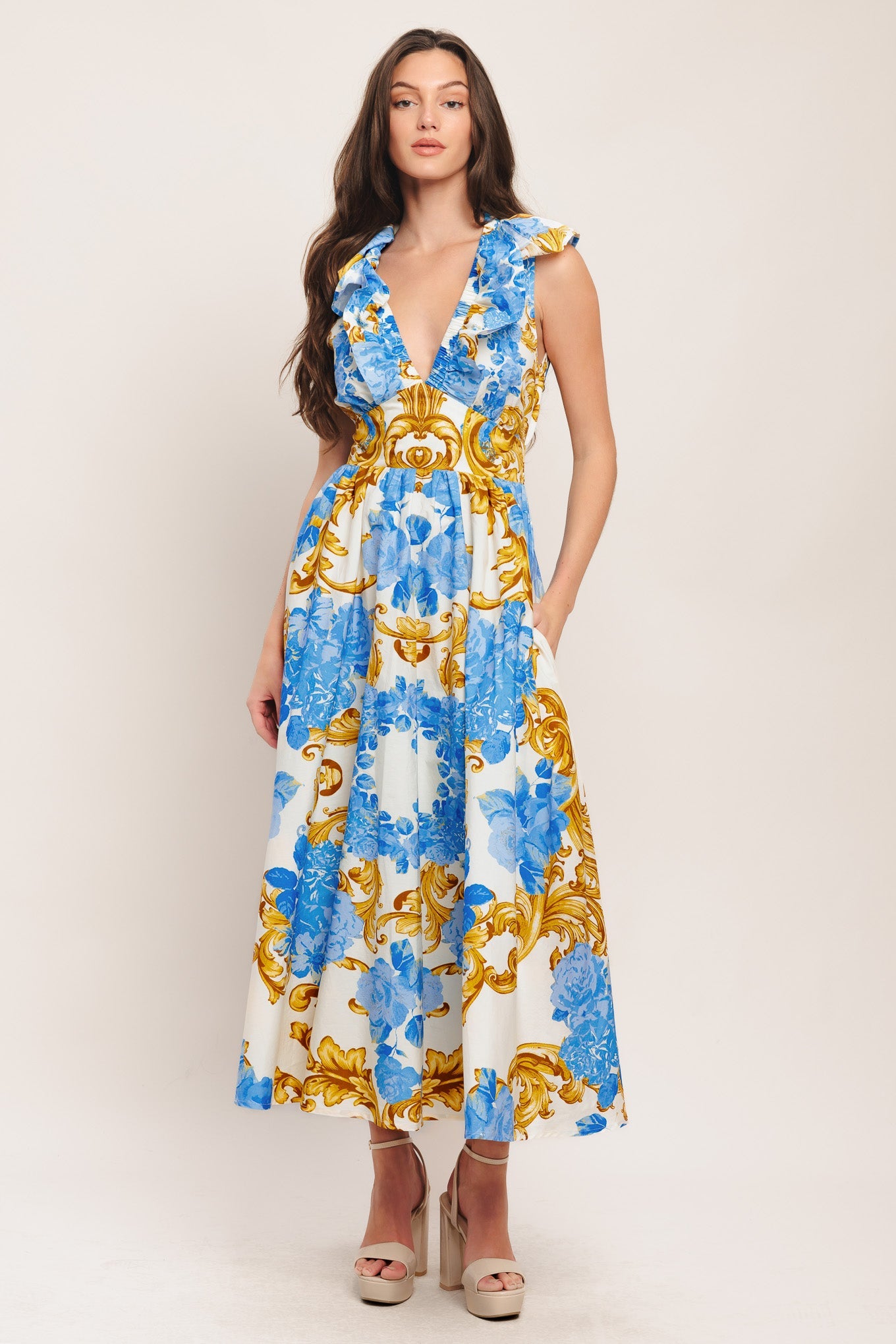 BAROQUE BLOOM BLUE MIDI DRESS
