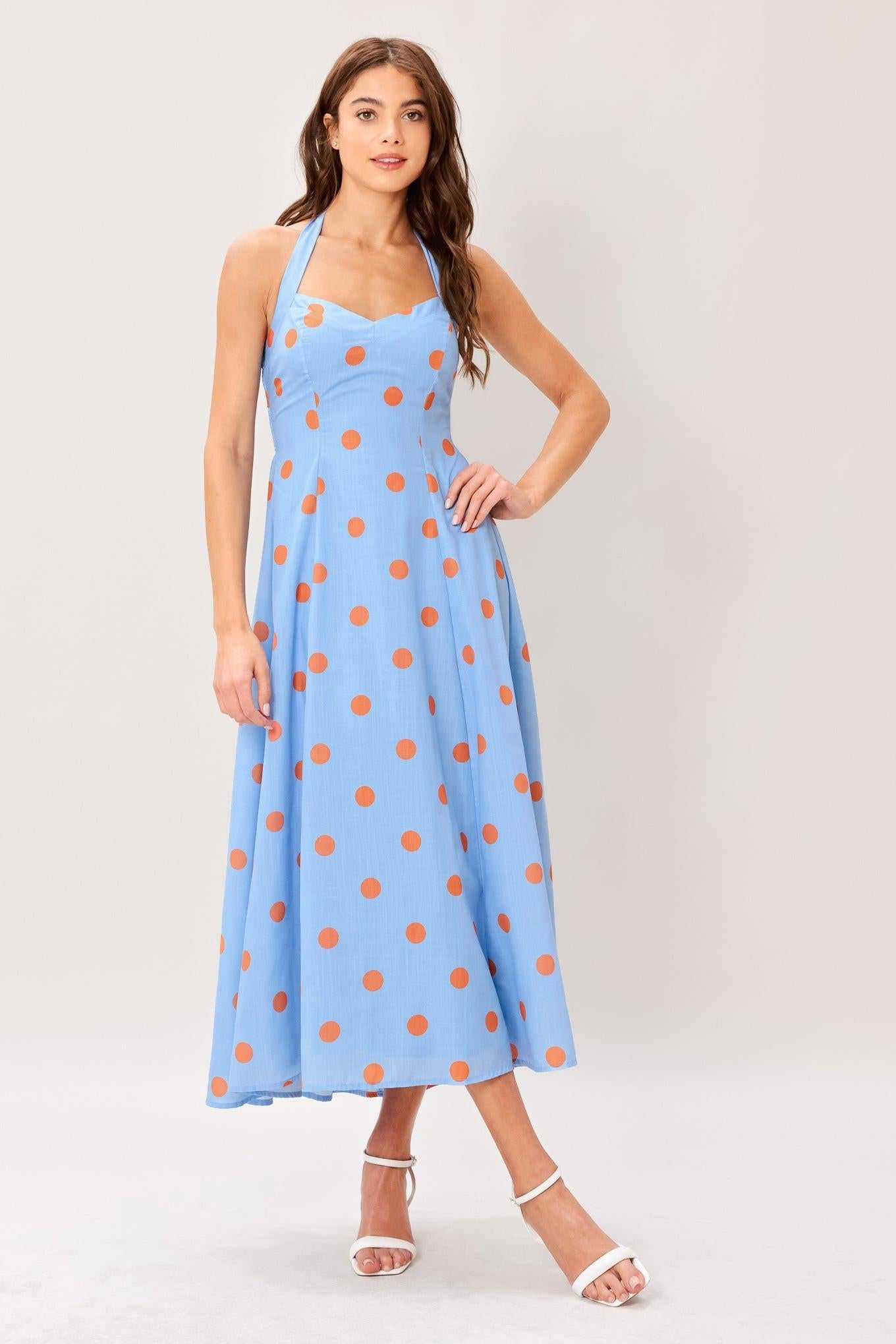 COTTON CANDY SKY DOT HALTER MIDI DRESS