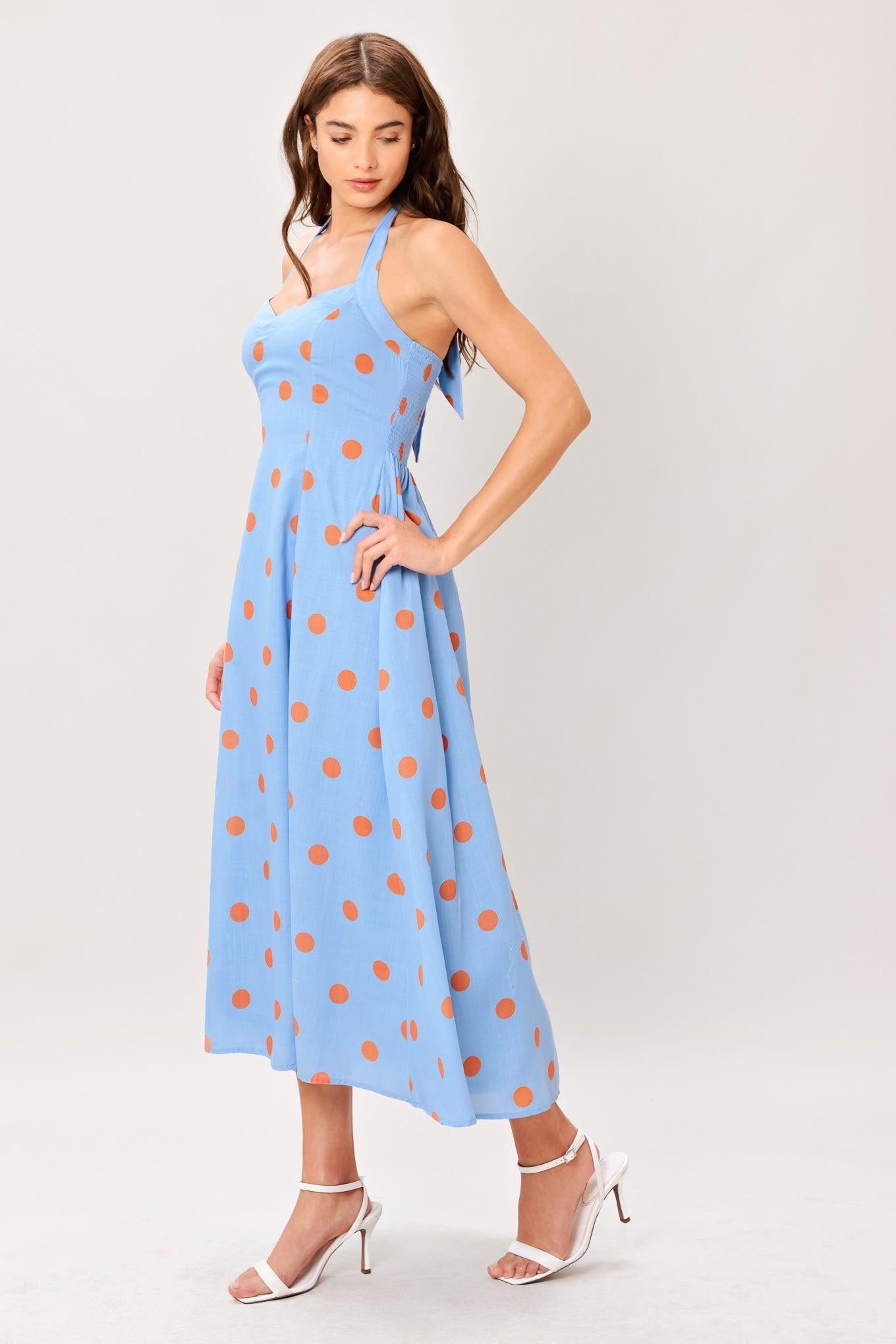 COTTON CANDY SKY DOT HALTER MIDI DRESS