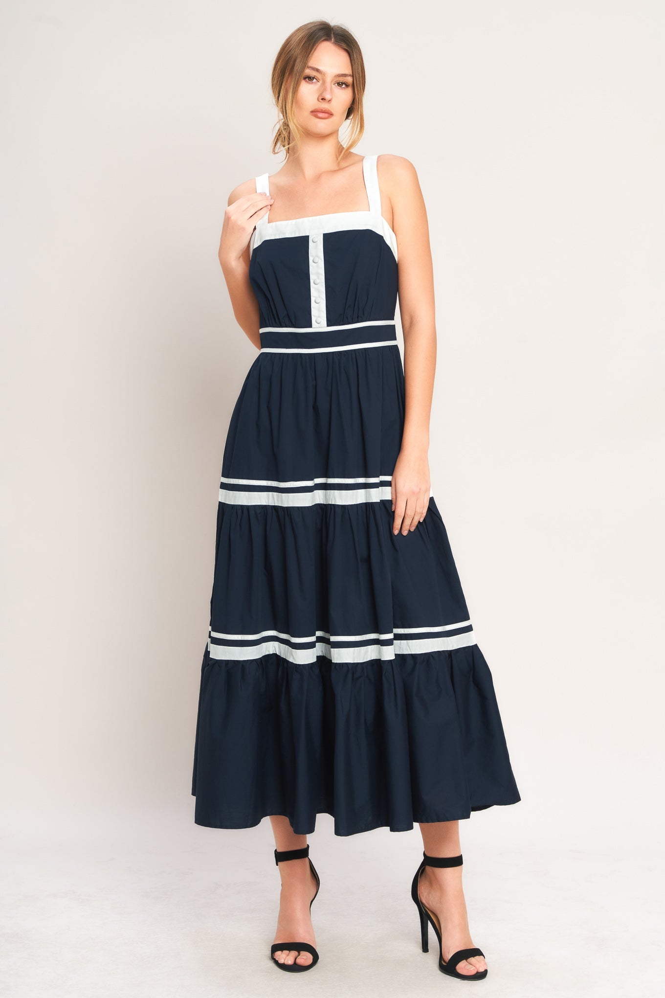 dress navy and white Lady Black Tie - Navy & White Contrast Midi Dress