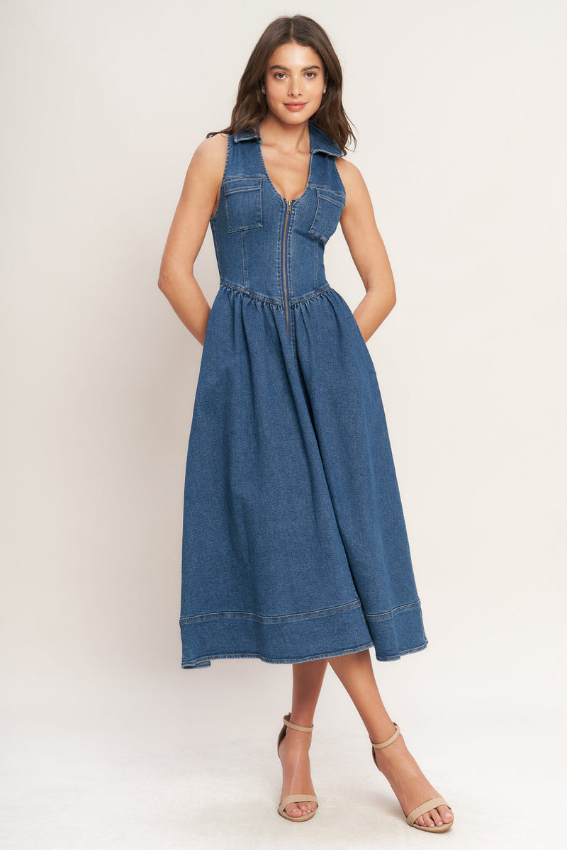 INDIGO FLOW DENIM MIDI DRESS