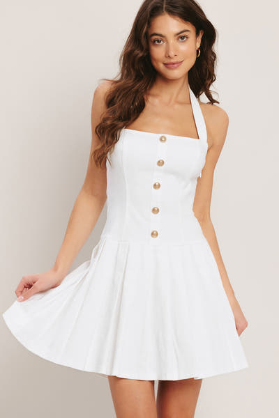SUMMER CLUBHOUSE - WHITE DENIM HALTER MINI DRESS