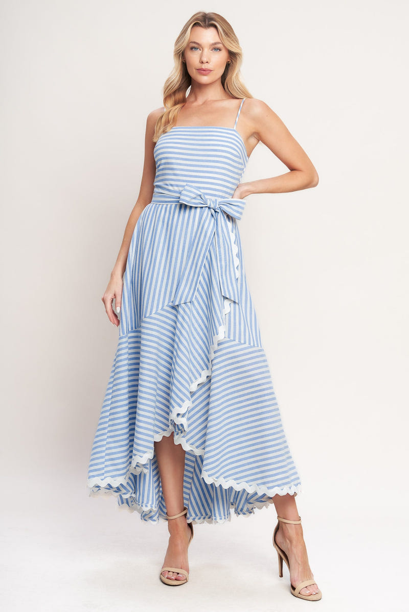 TIED TO YOU BLUE STRIPED MIDI DRESS