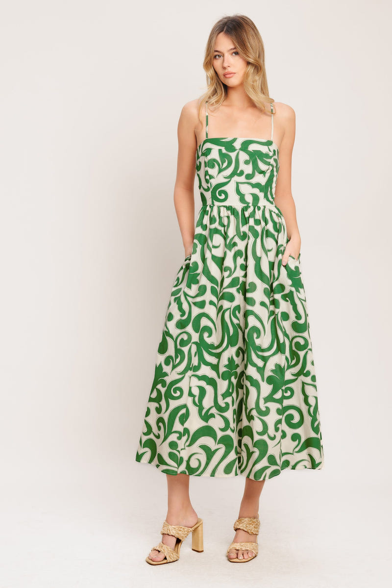 ART NOUVEAU FLORAL GREEN MIDI DRESS