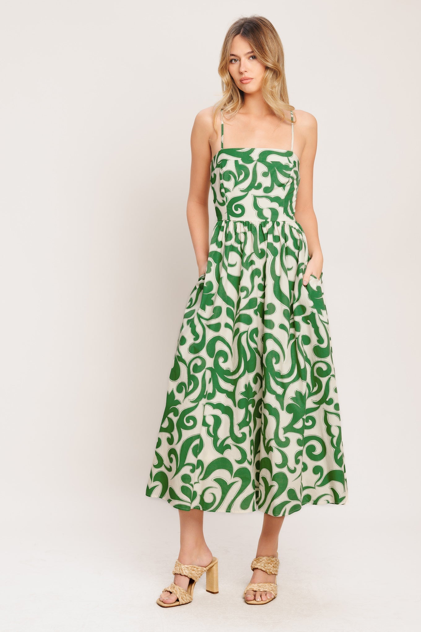 ART NOUVEAU FLORAL GREEN MIDI DRESS