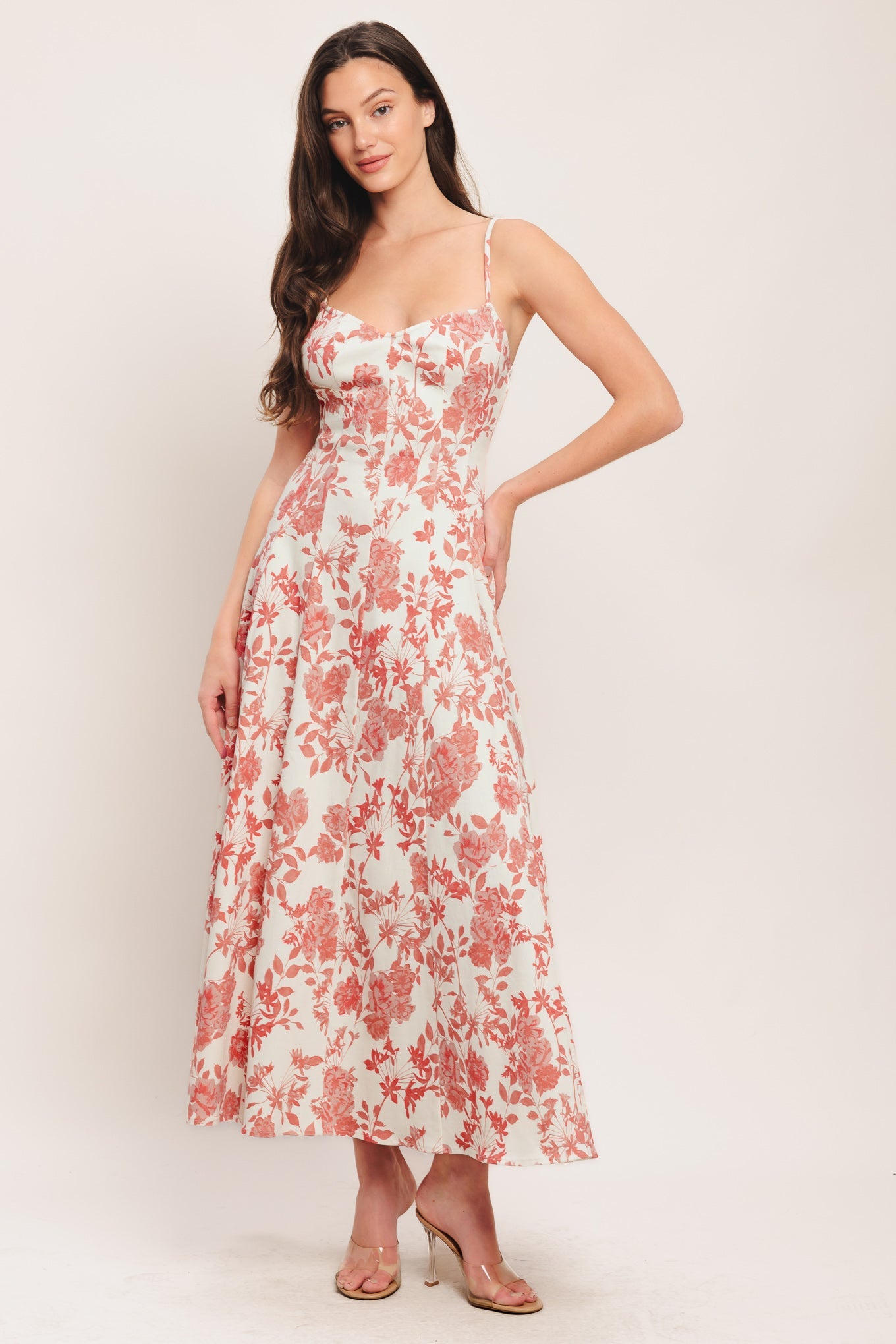 coral floral midi dress Floral Corseted A-line Dress 8 / Rosette/Coral