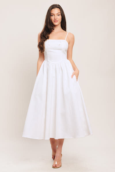 CLOUD PETAL - EMBROIDERED WHITE DENIM MIDI DRESS