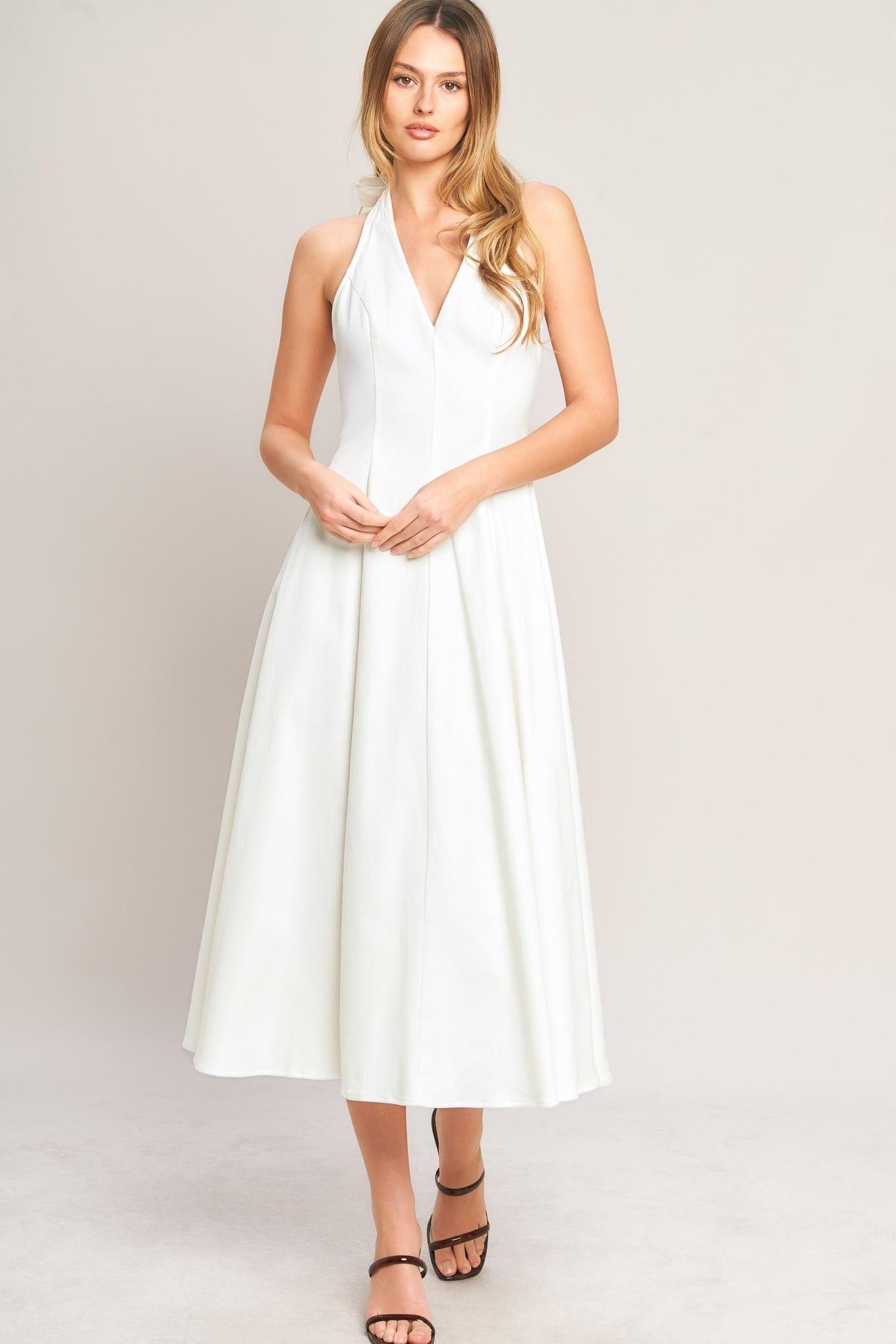 SERENE MOMENT WHITE HALTER MIDI DRESS