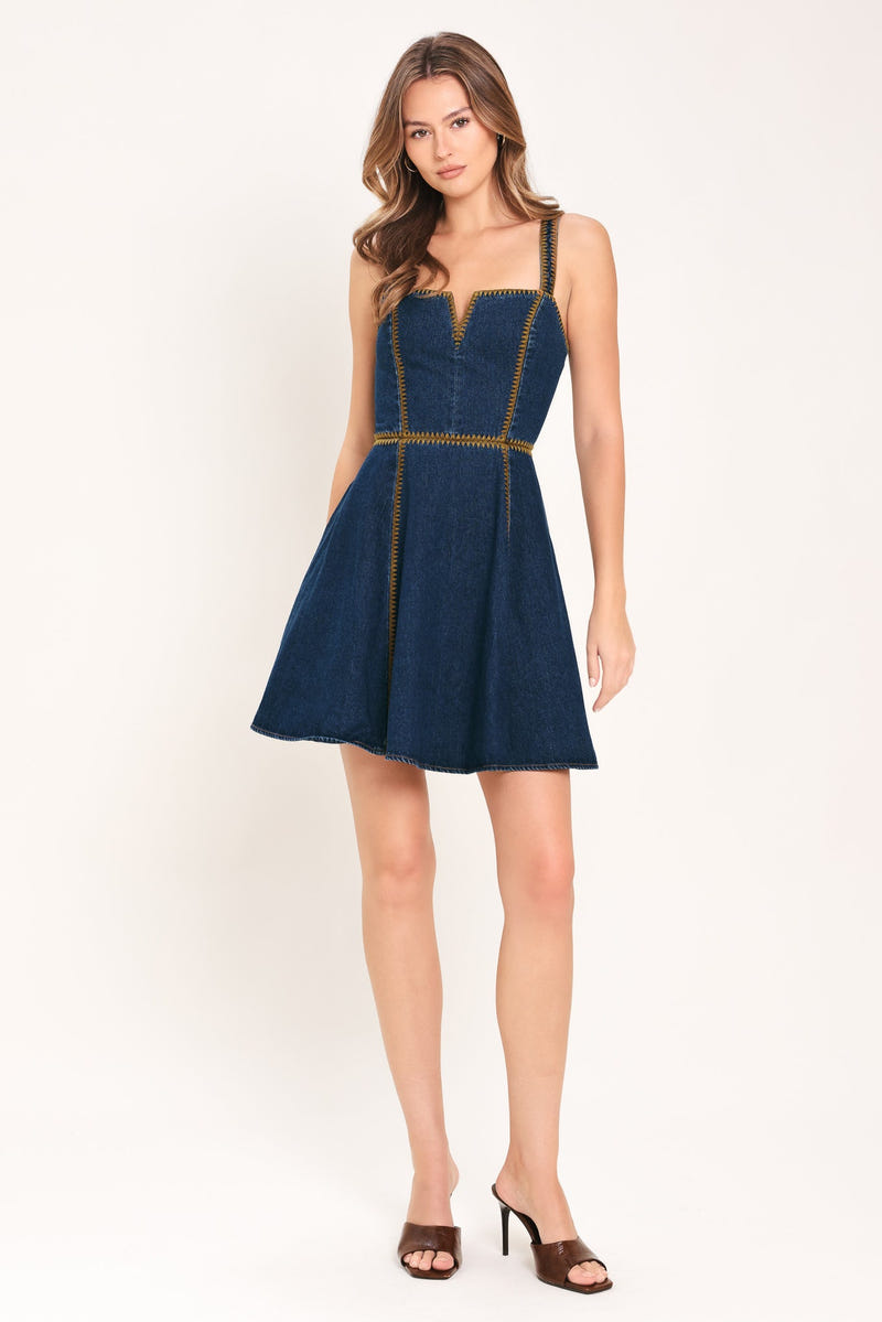 CITY ESCAPE - EMBROIDERED DARK DENIM MINI DRESS