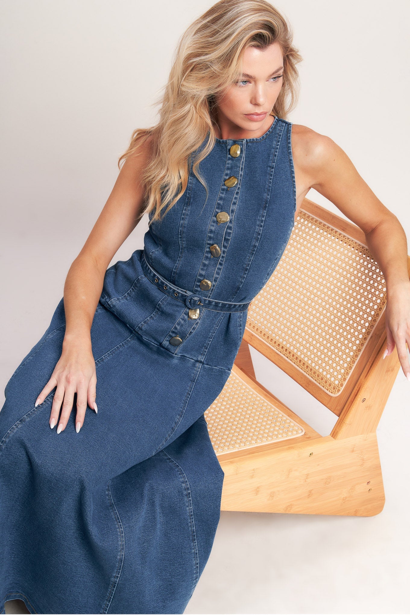 a line midi denim dress Amora Denim Midi Dress