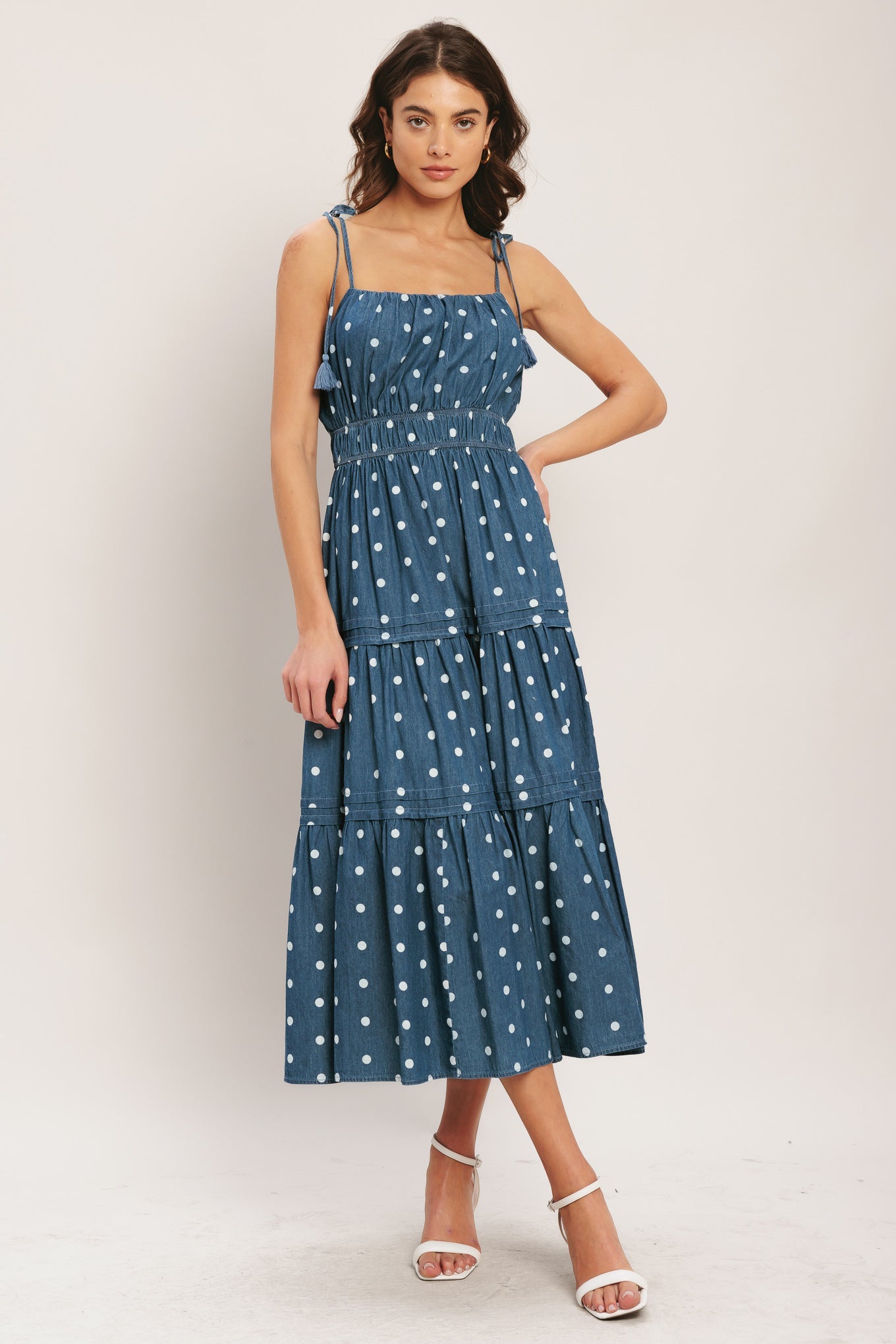 NAUTICAL POLKA DOT DENIM MIDI DRESS