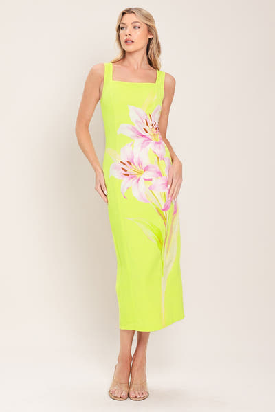 LUSH LIME MIDI DRESS WITH SQUARE NECKLINE - FINAL SALE
