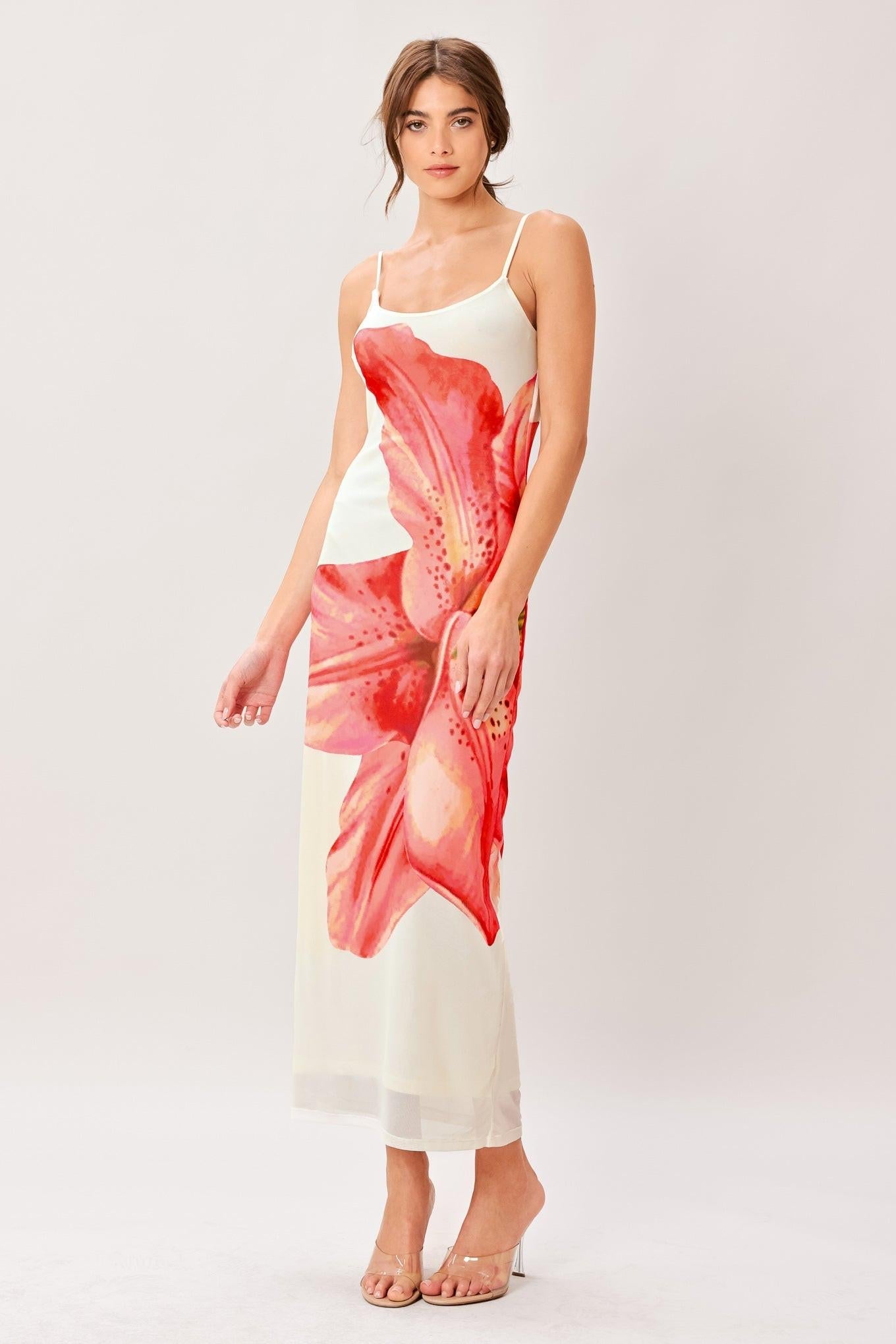 BLOOM STATEMENT POWER MESH CAMI MIDI DRESS