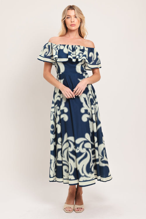BLUE MAJOLICA - OFF SHOULDER FLOUNCE MIDI DRESS