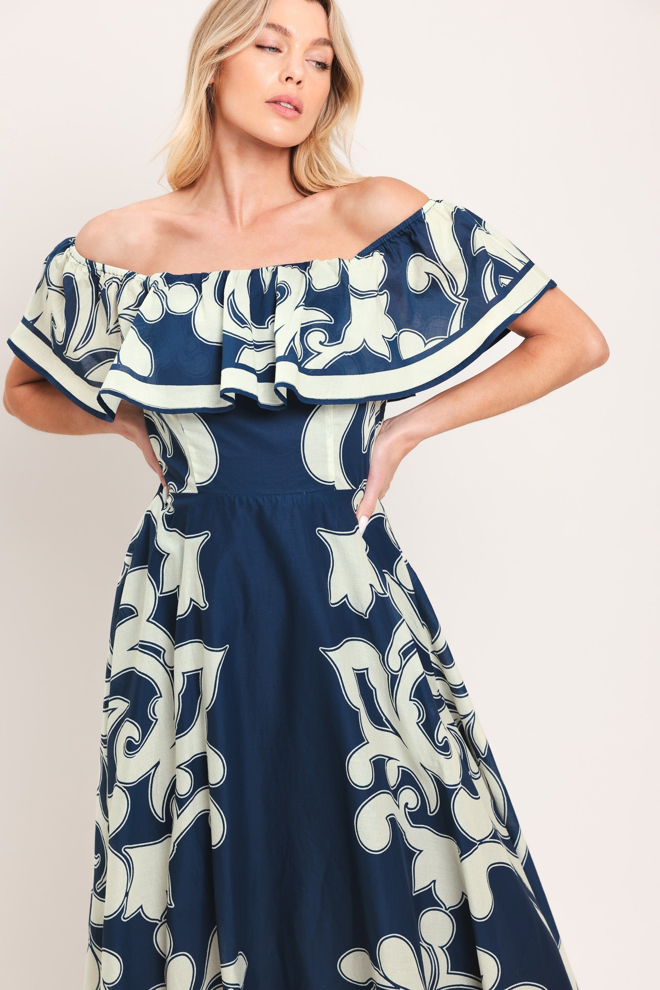 Lady Black Tie - Blue Majolica - Off Shoulder Flounce Midi Dress
