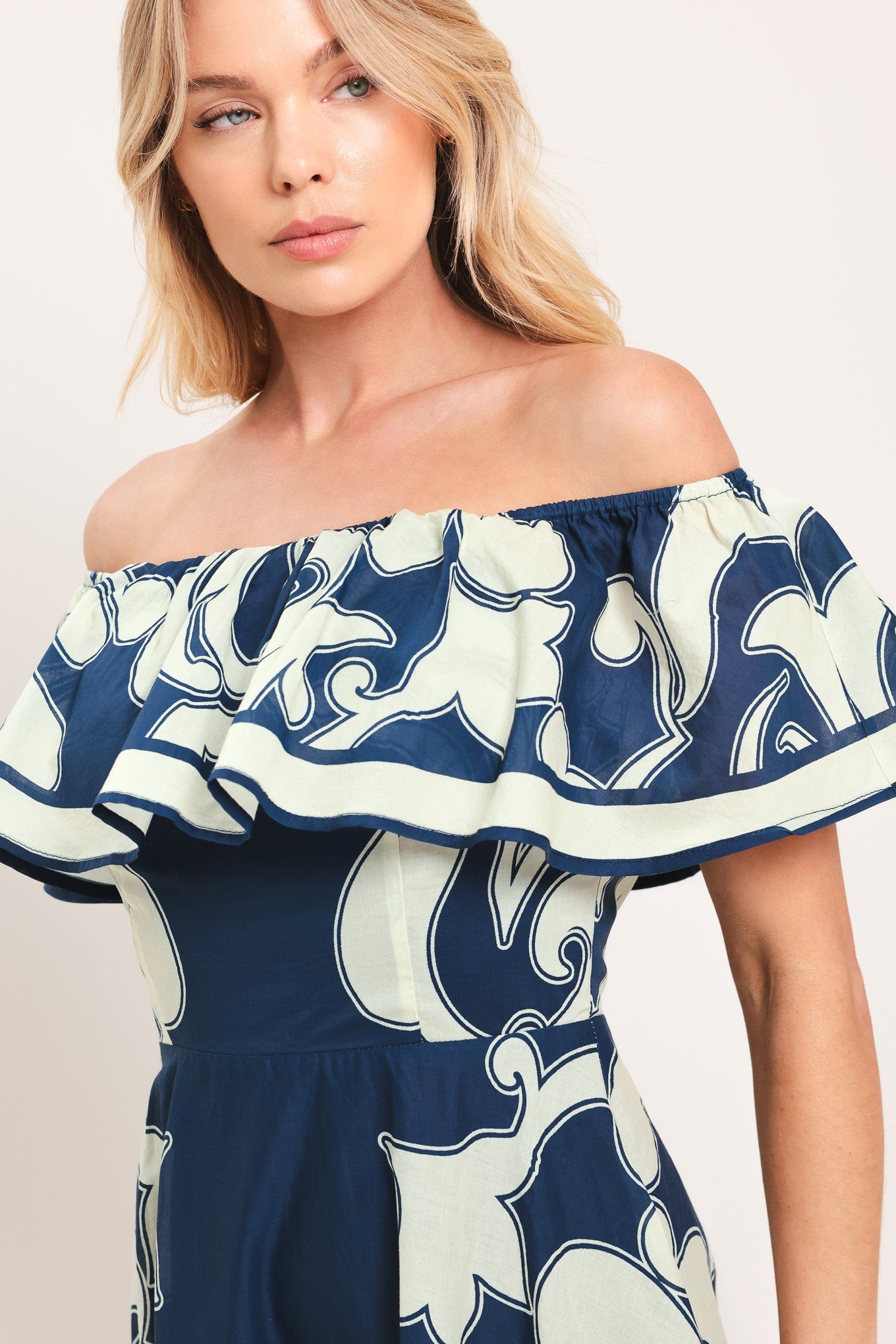 BLUE MAJOLICA - OFF SHOULDER FLOUNCE MIDI DRESS