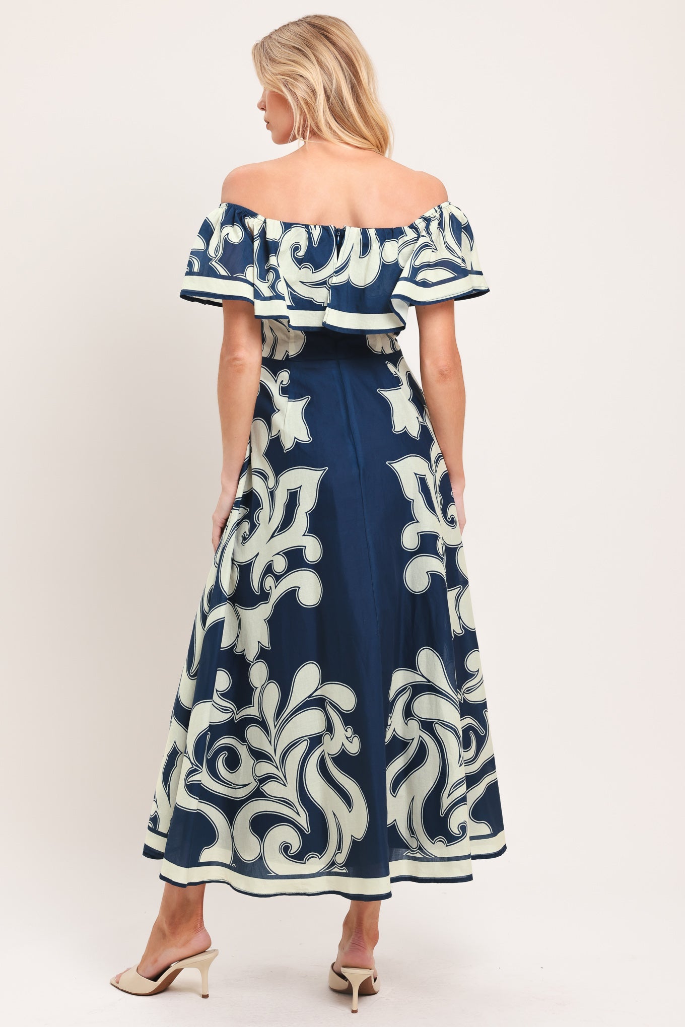 BLUE MAJOLICA - OFF SHOULDER FLOUNCE MIDI DRESS