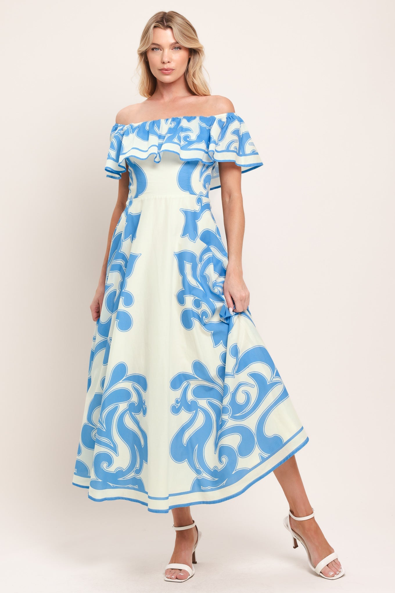 BLUE MAJOLICA - OFF SHOULDER FLOUNCE MIDI DRESS