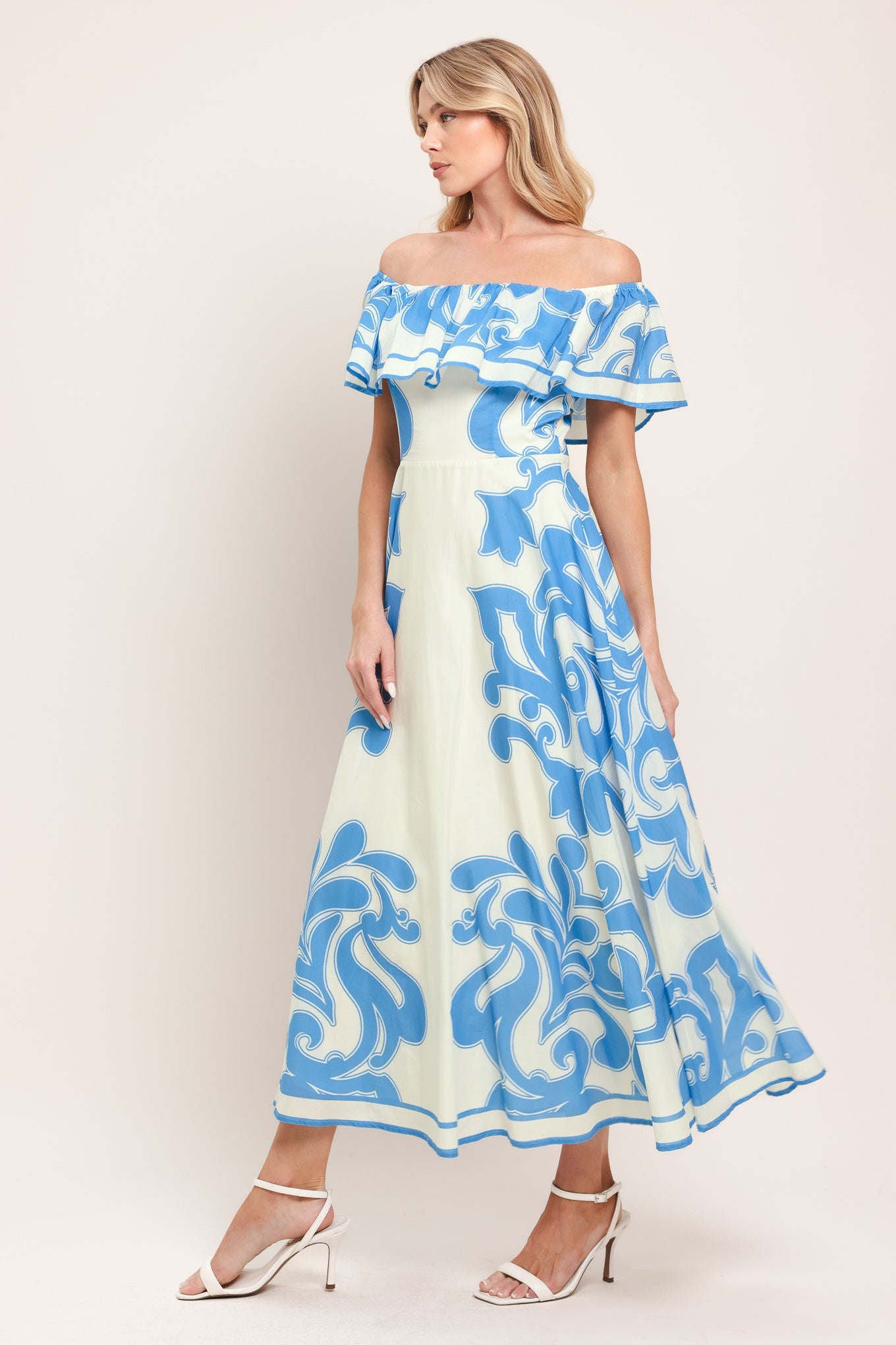 BLUE MAJOLICA - OFF SHOULDER FLOUNCE MIDI DRESS