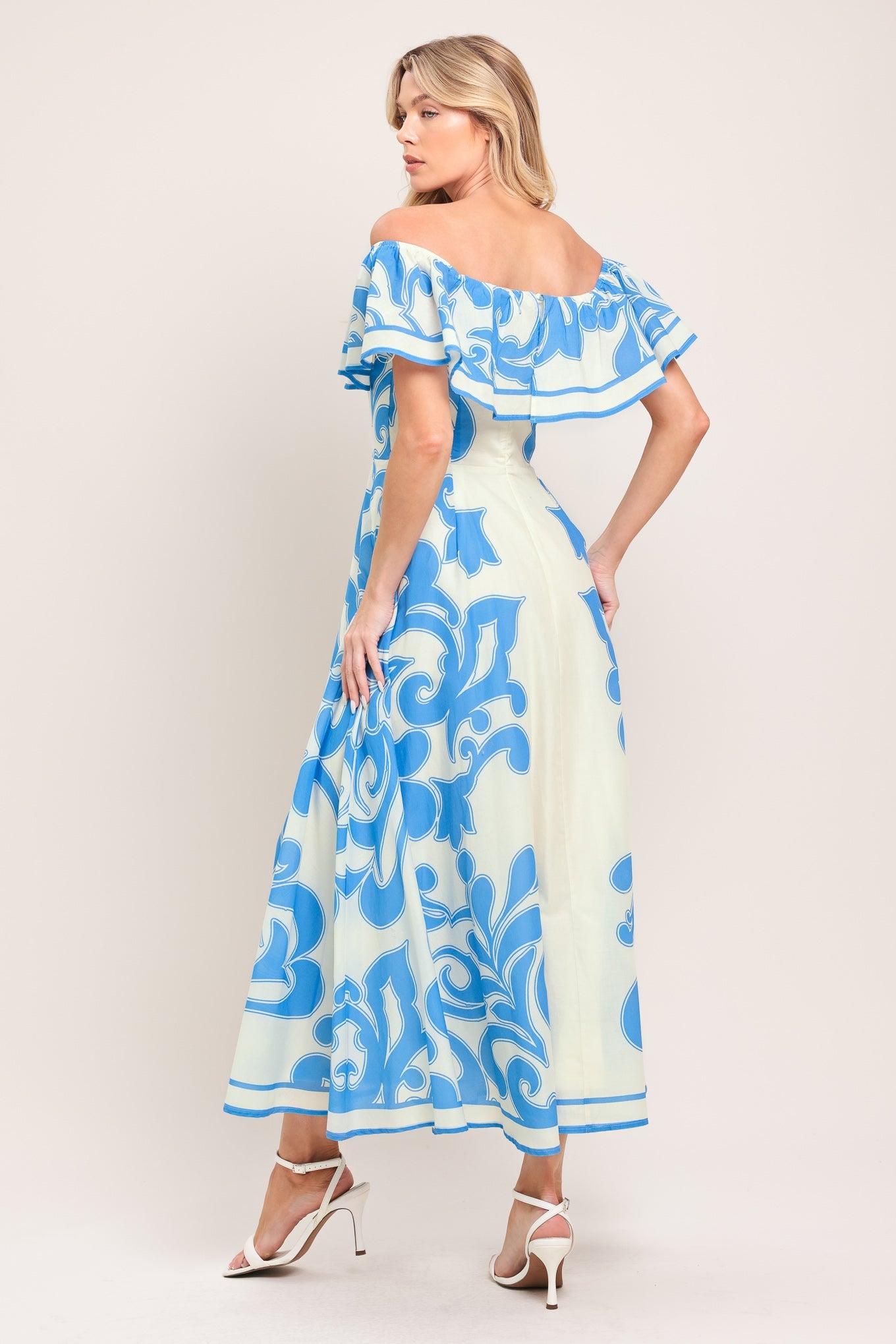 BLUE MAJOLICA - OFF SHOULDER FLOUNCE MIDI DRESS