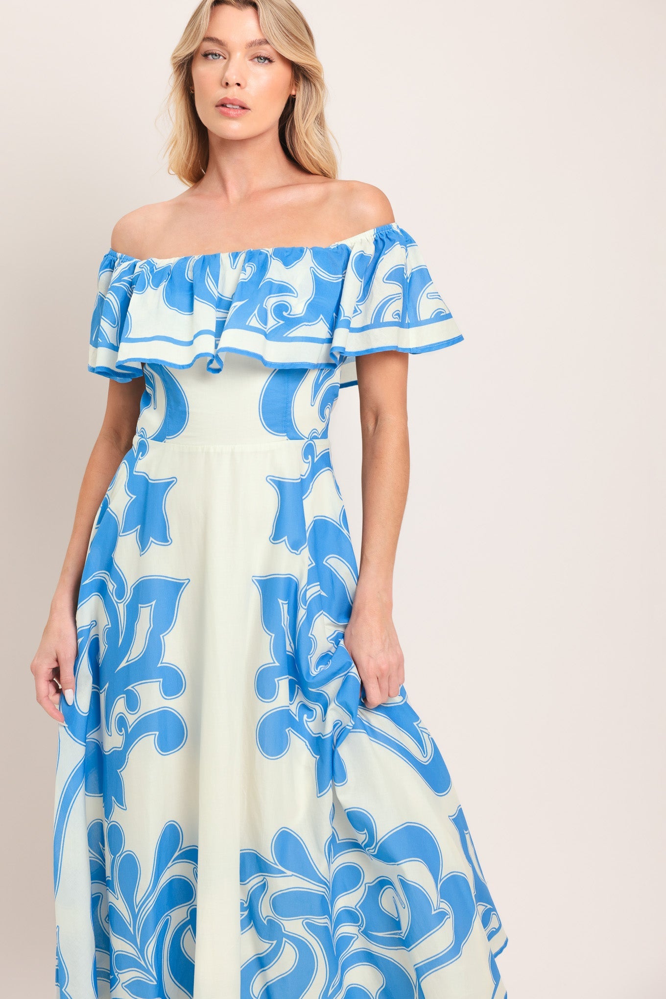 BLUE MAJOLICA - OFF SHOULDER FLOUNCE MIDI DRESS