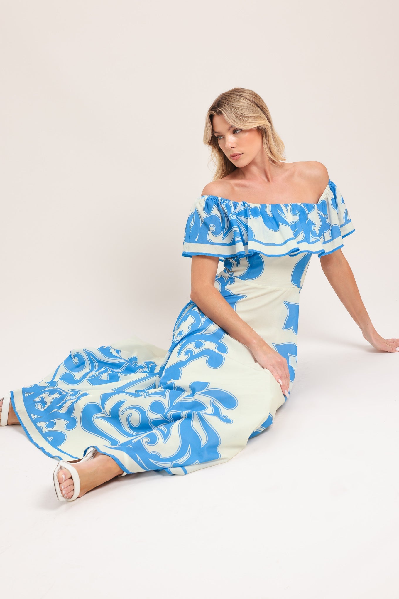 BLUE MAJOLICA - OFF SHOULDER FLOUNCE MIDI DRESS