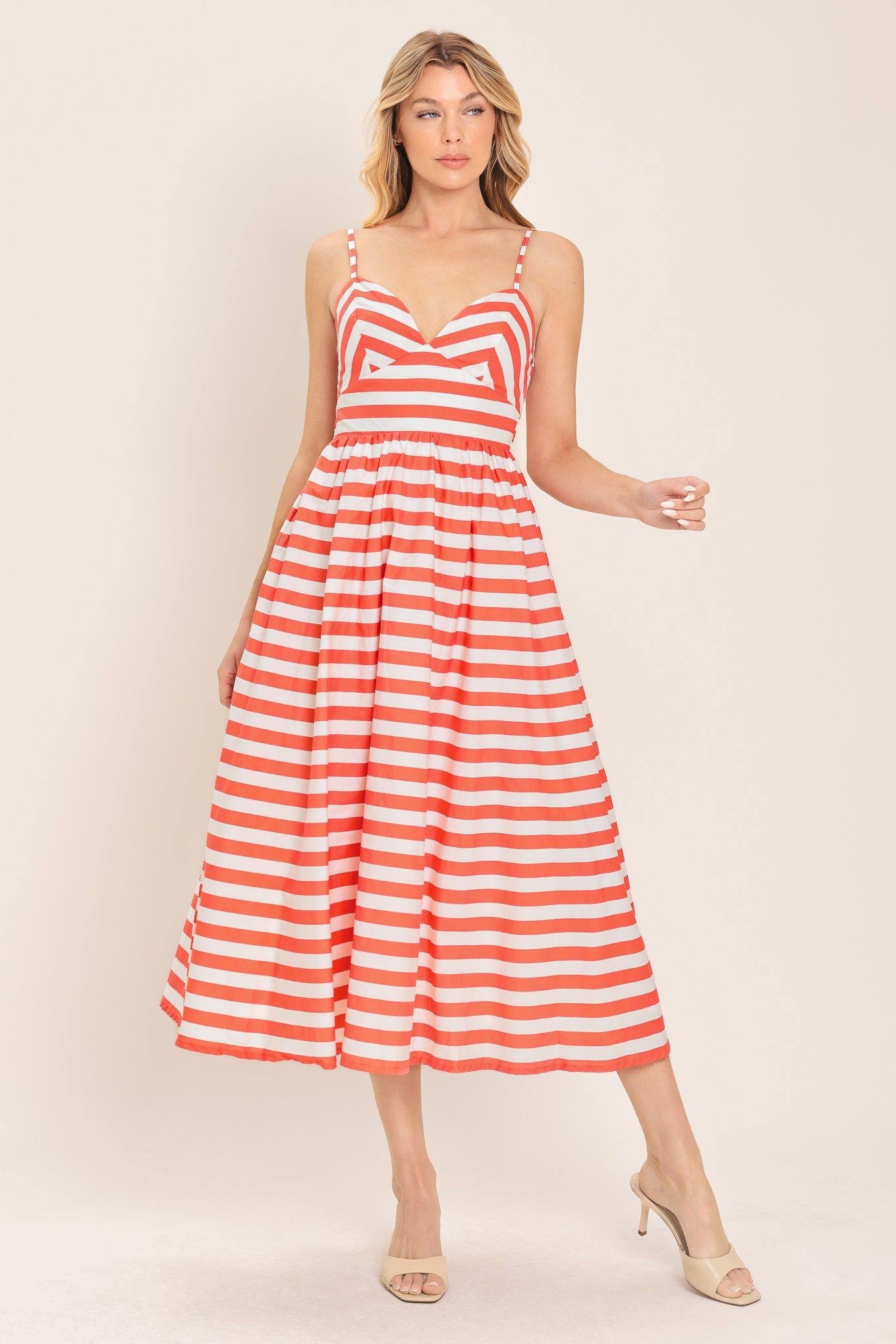 BOARDWALK STRIPE - CORAL & WHITE MIDI DRESS