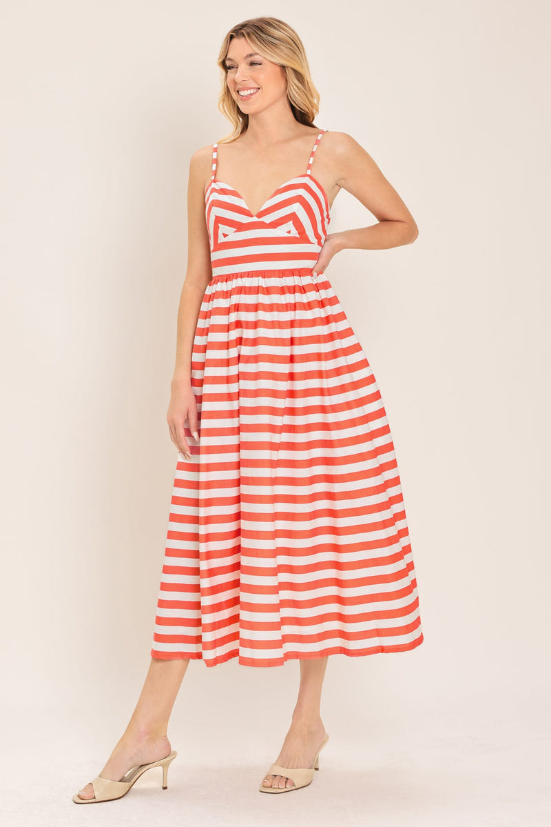 BOARDWALK STRIPE - CORAL & WHITE MIDI DRESS