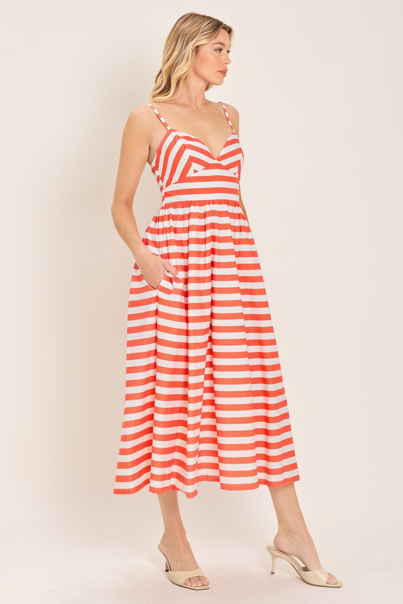 BOARDWALK STRIPE - CORAL & WHITE MIDI DRESS