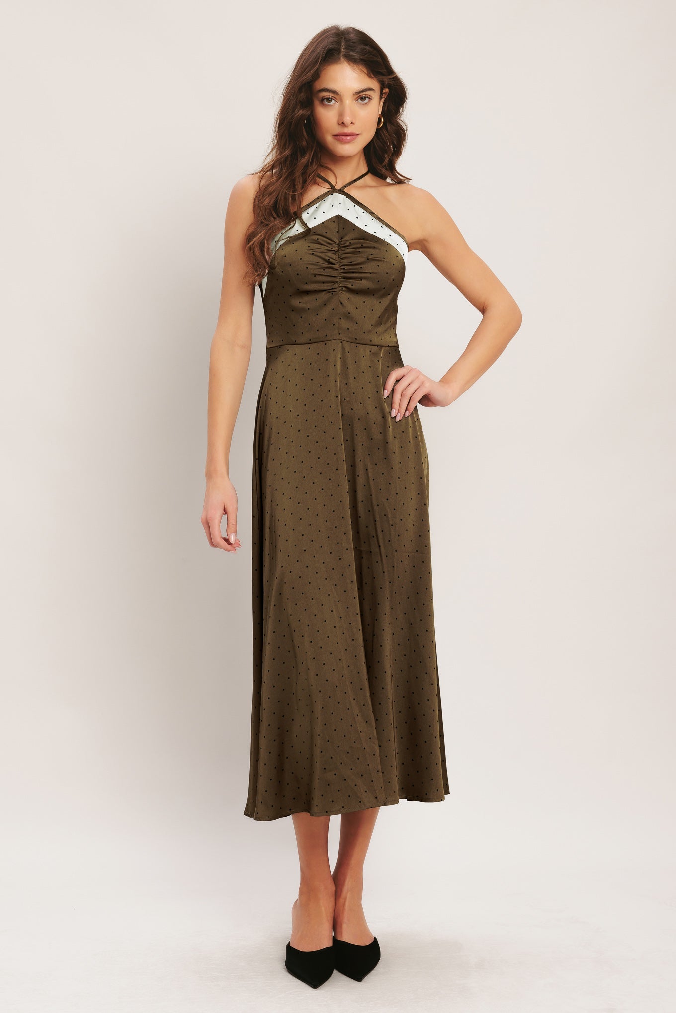 ESPRESSO CHIC HALTER SATIN MIDI DRESS