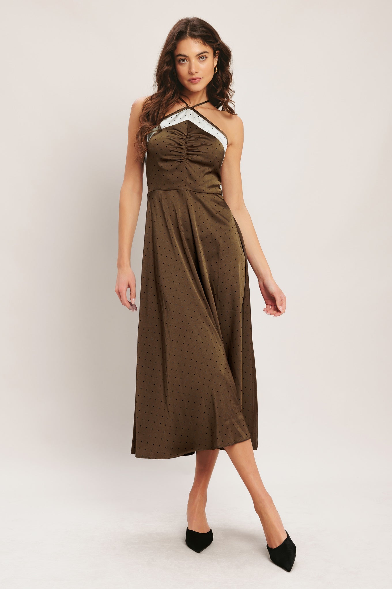 ESPRESSO CHIC HALTER SATIN MIDI DRESS