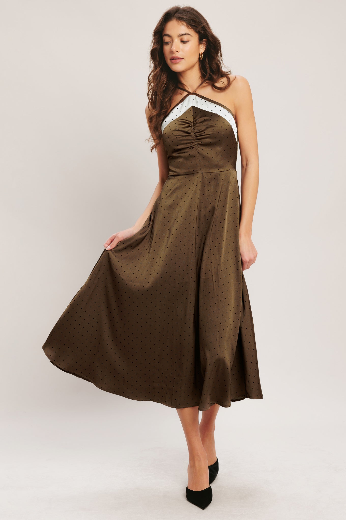 ESPRESSO CHIC HALTER SATIN MIDI DRESS