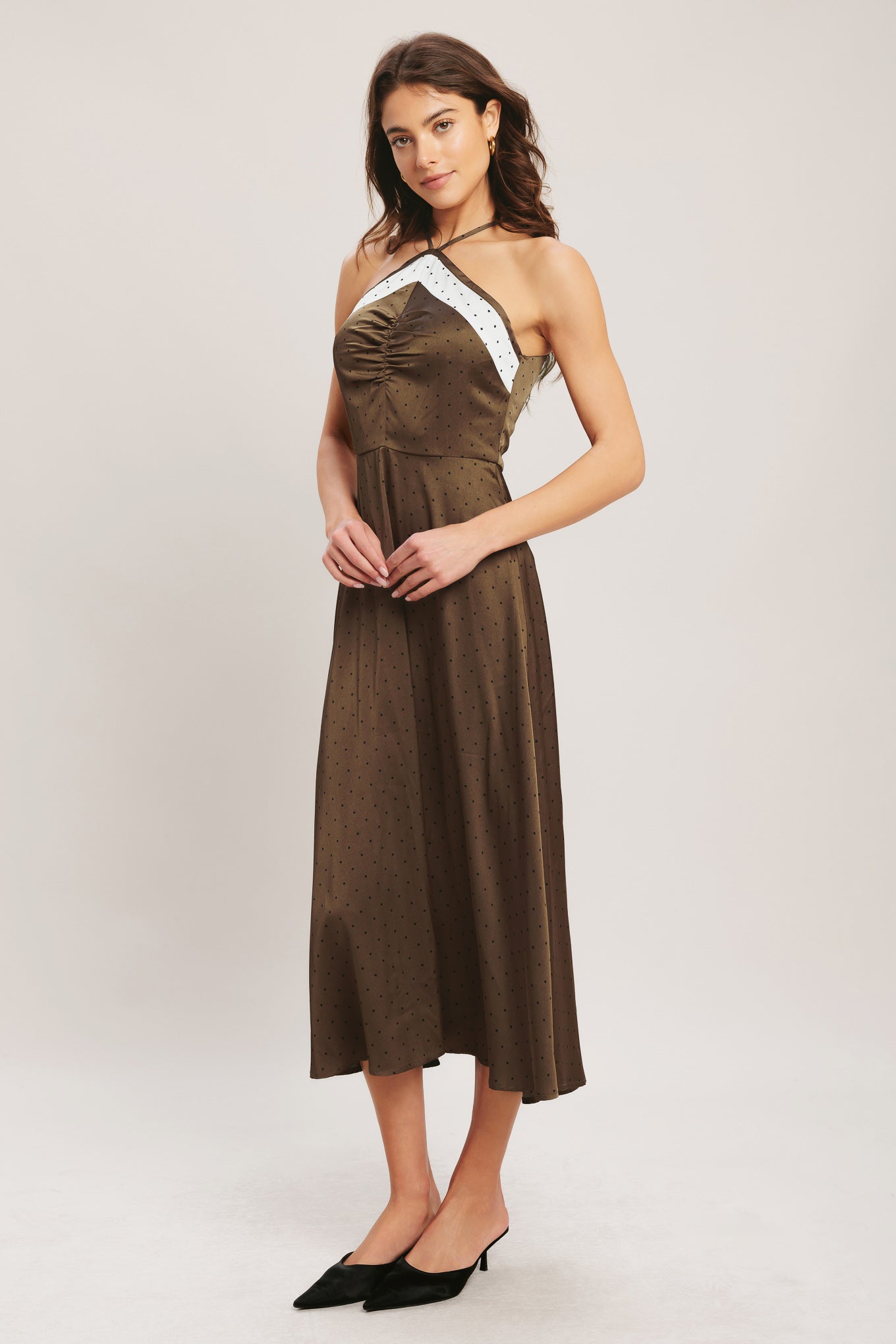 ESPRESSO CHIC HALTER SATIN MIDI DRESS