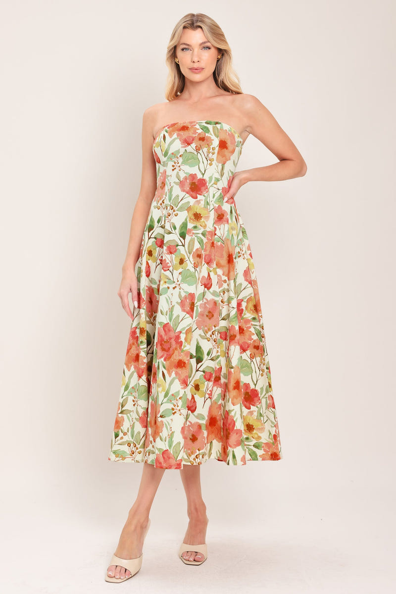 FLORAL DAYDREAM STRAPLESS MIDI DRESS