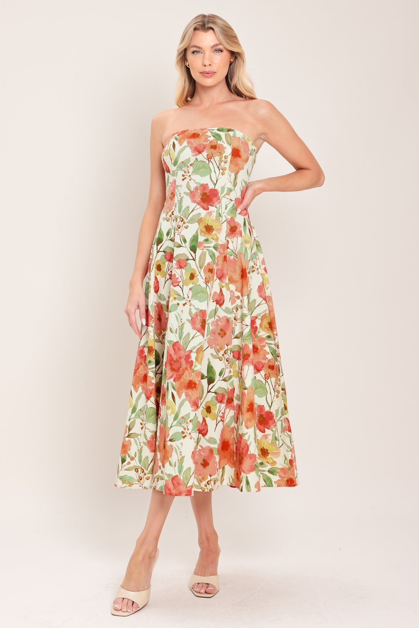 FLORAL DAYDREAM STRAPLESS MIDI DRESS