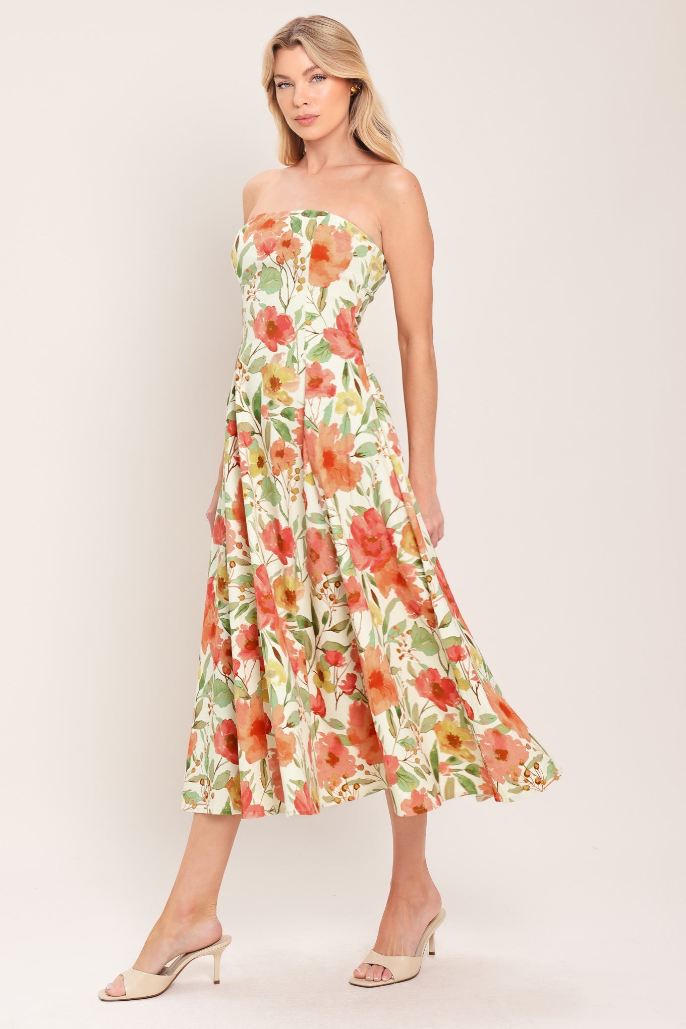 FLORAL DAYDREAM STRAPLESS MIDI DRESS