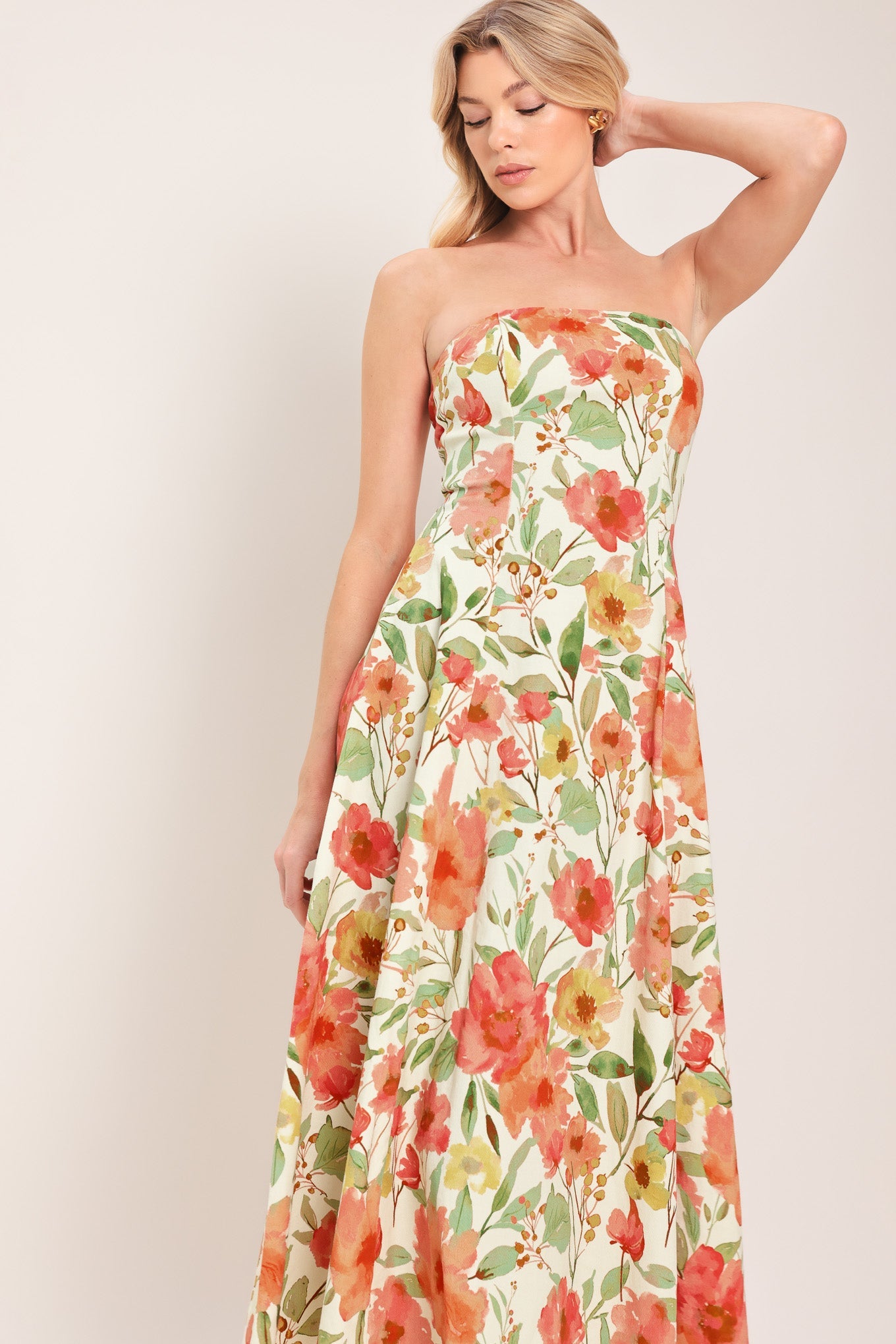 FLORAL DAYDREAM STRAPLESS MIDI DRESS