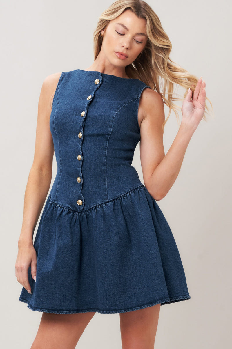 BRUNCH DATE - BUTTON FRONT DENIM MINI DRESS