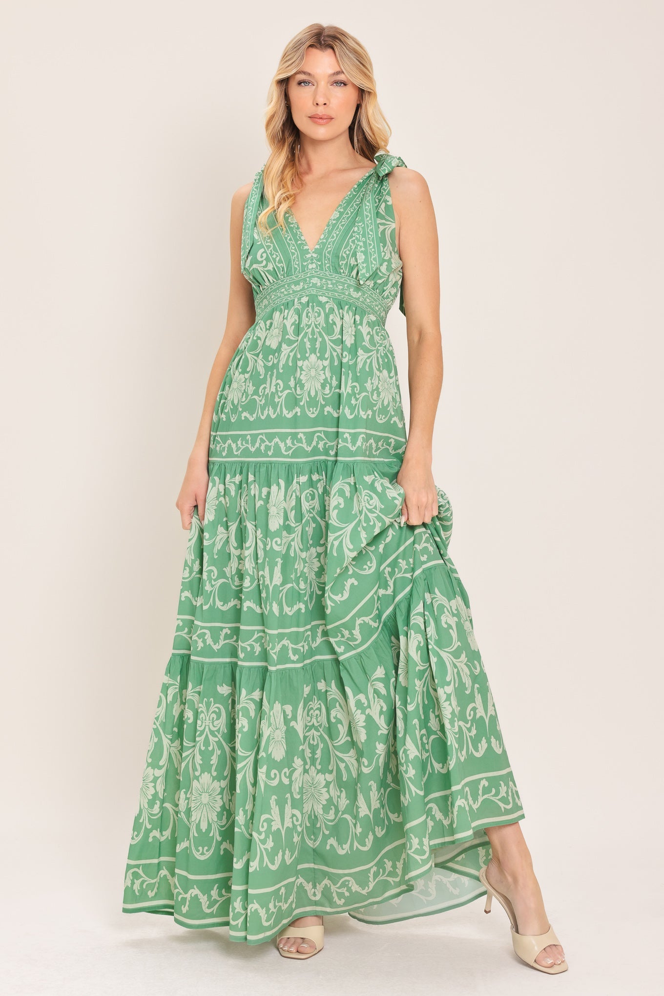 sage green floral maxi dress CHEYENNE GOWN - CHIFFON HALTER GOWN very fitted at natural waist Green Floral Maxi Dress: Boho