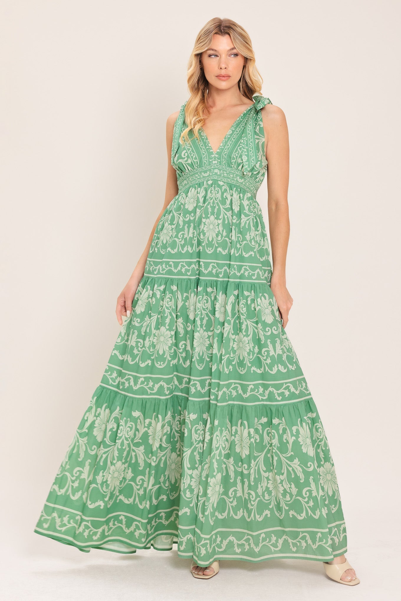 sage green maxi dress floral Applique Sleeveless A-line Gown by Juliet JT2565U Sage Green / 14