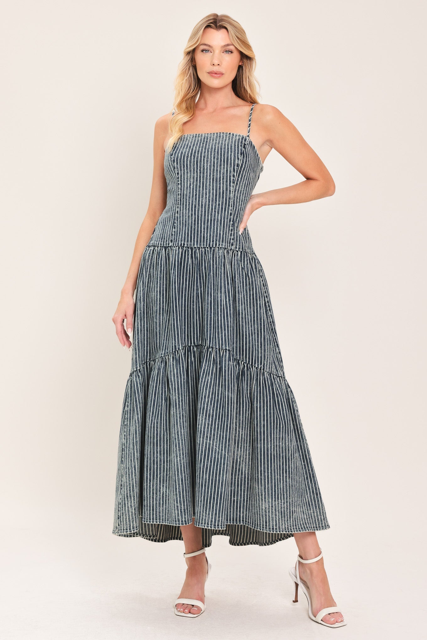 EASYGOING CHARM - STRIPED DENIM MIDI DRESS