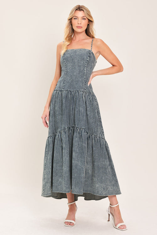 EASYGOING CHARM - STRIPED DENIM MIDI DRESS