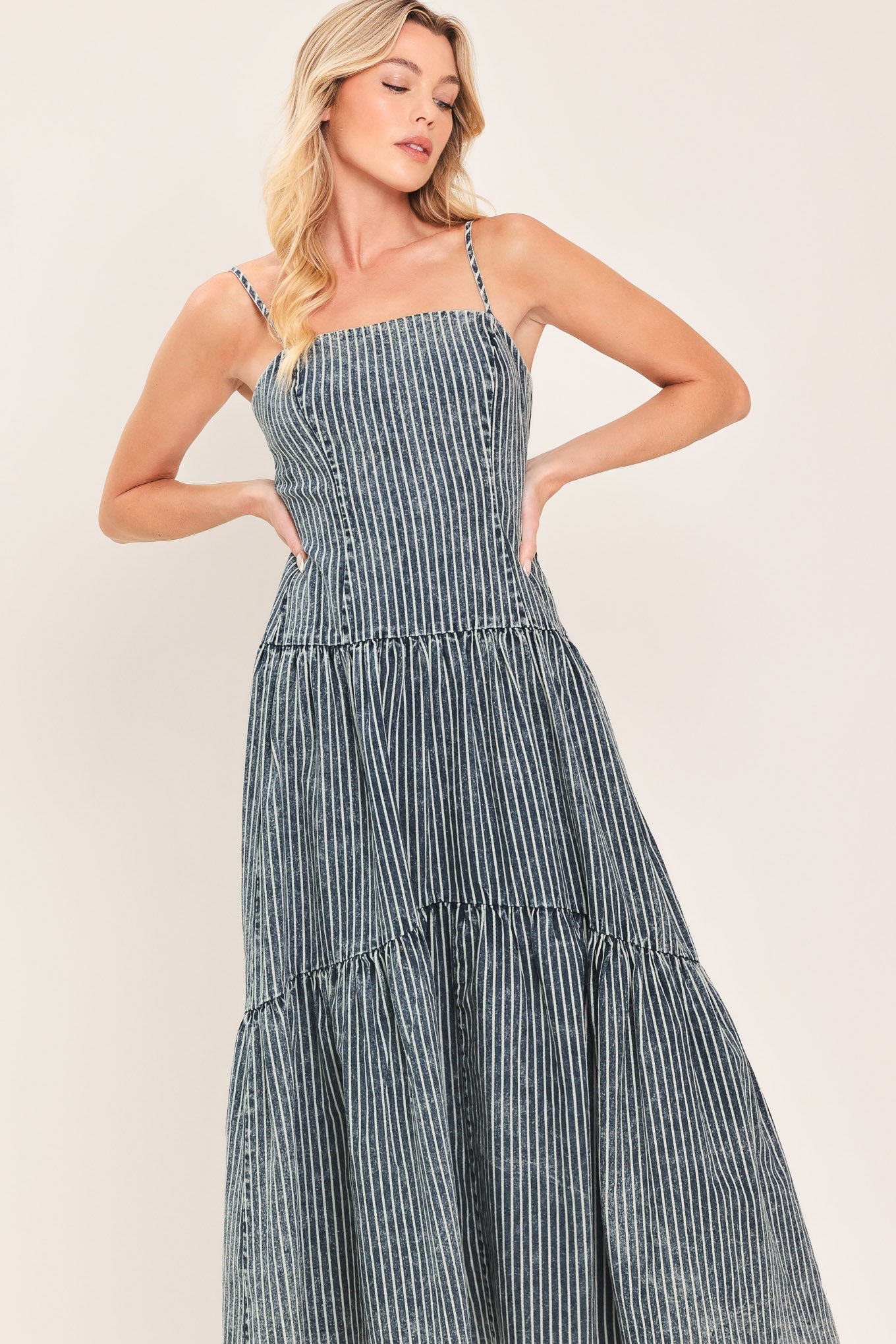 EASYGOING CHARM - STRIPED DENIM MIDI DRESS