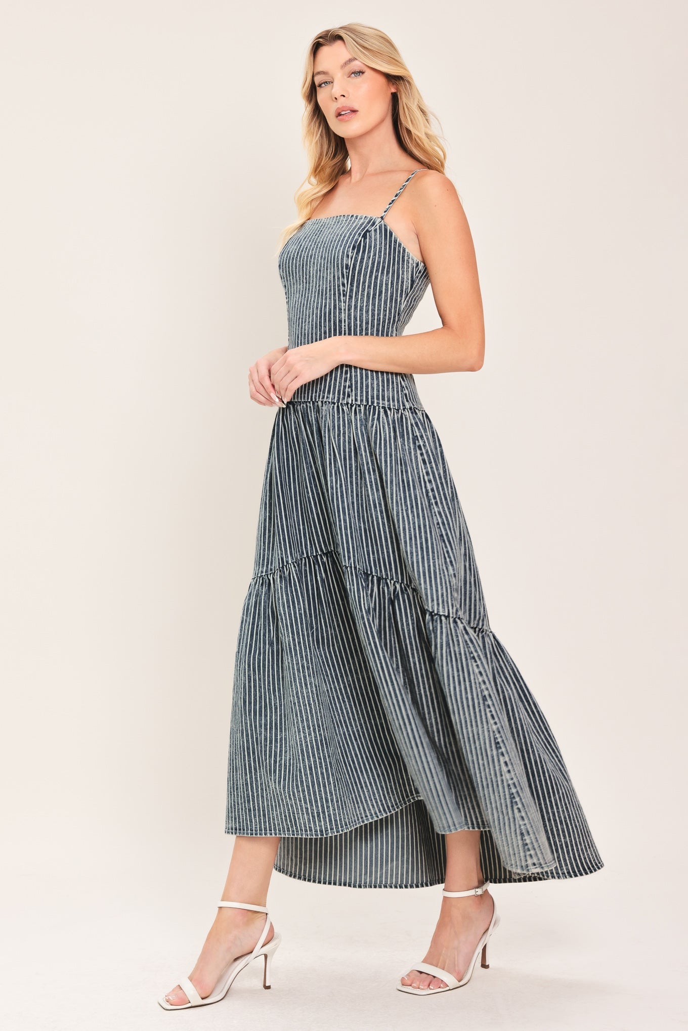 EASYGOING CHARM - STRIPED DENIM MIDI DRESS