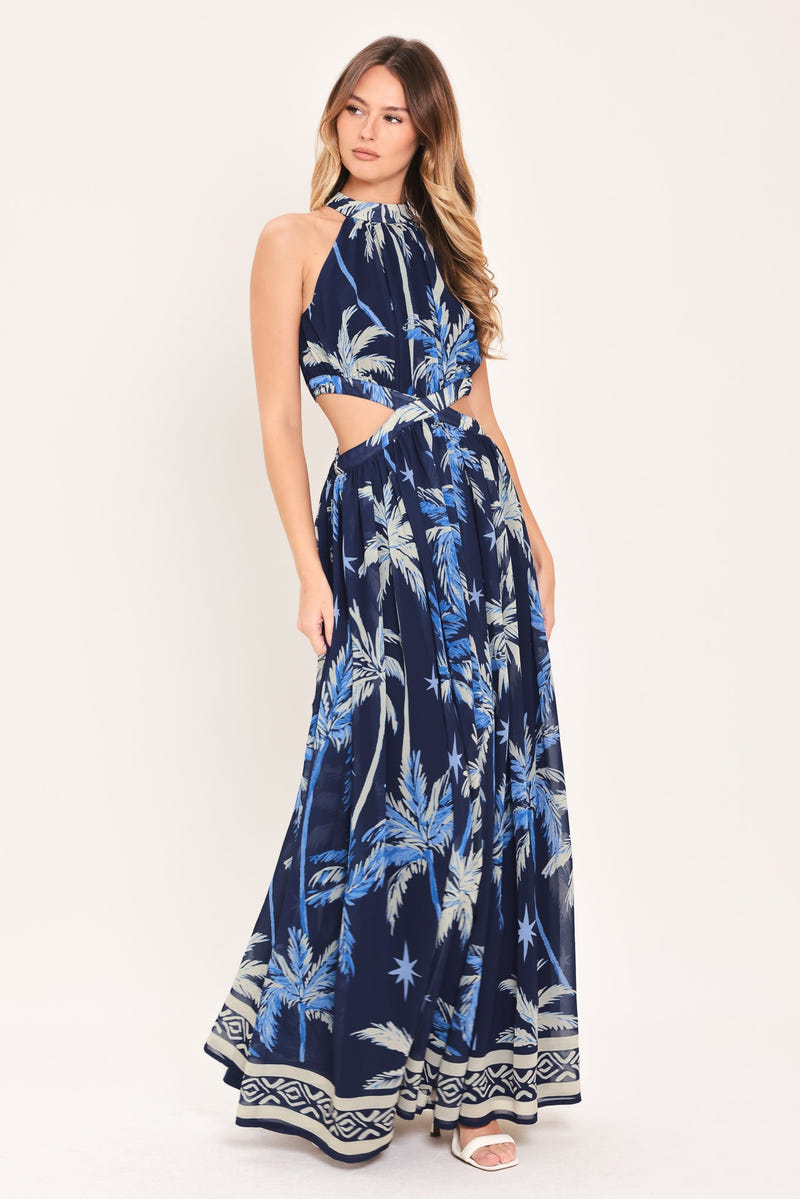 Tropical Palm Print Halter Maxi Dress