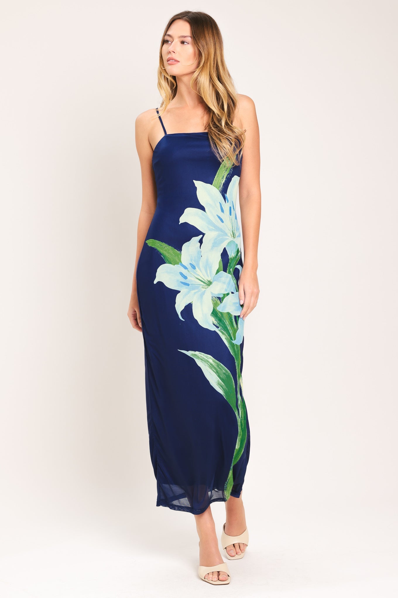blue mesh midi dress Lady Black Tie - Deep Bloom Power Mesh Midi Dress